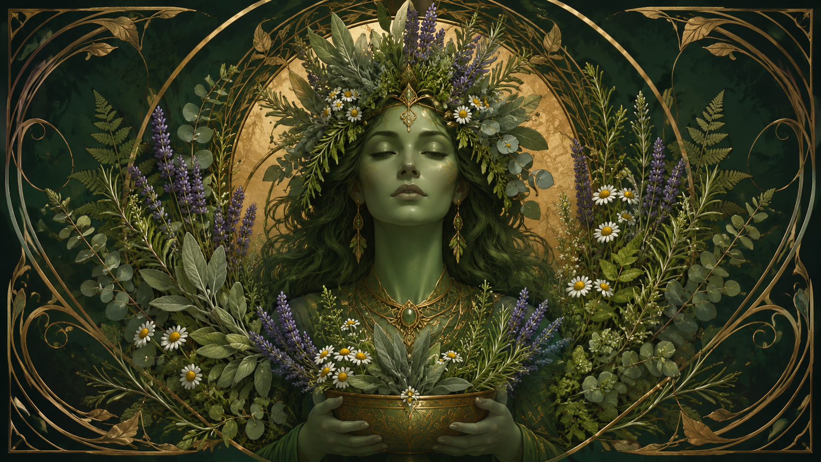 The Goddess of the 7-Leaves — a serene botanical figure crowned with herbs and wildflowers